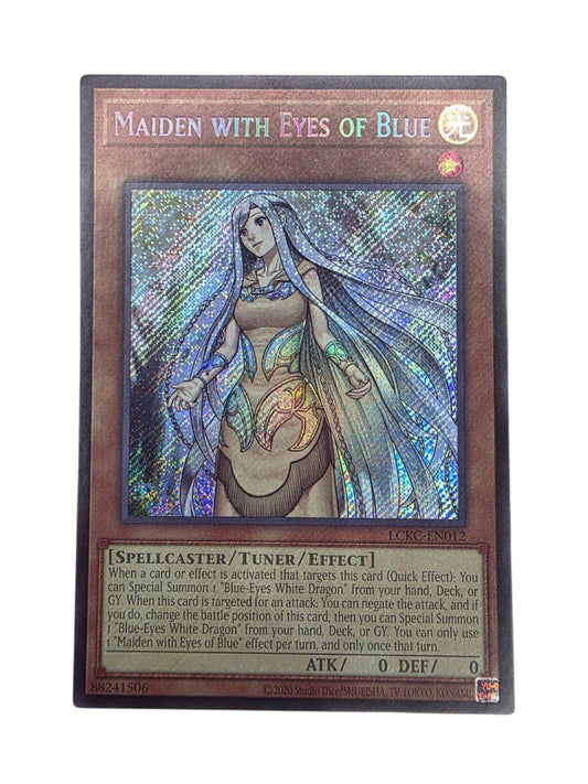 Maiden with Eyes of Blue Secret Rare Yu-Gi-Oh! trading card showing a long-haired female character.
