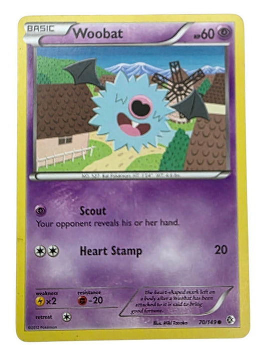 Woobat Pokémon trading card featuring the Scout and Heart Stamp attacks.