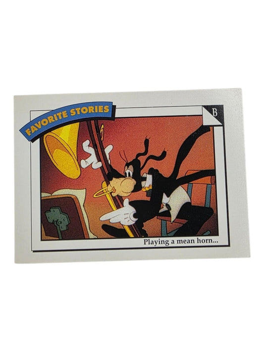 1991 Disney trading card featuring Goofy playing a trombone with "FAVORITE STORIES" text above.