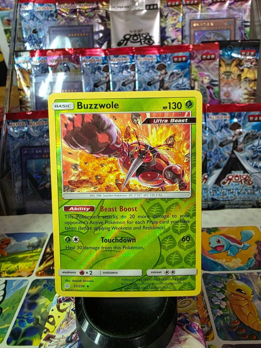 Buzzwole Holo Rare Pokémon card from Cosmic Eclipse set, featuring green holo pattern.