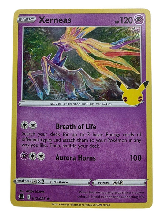Xerneas Holo Rare Celebrations 012/025 Pokémon card with holographic finish.