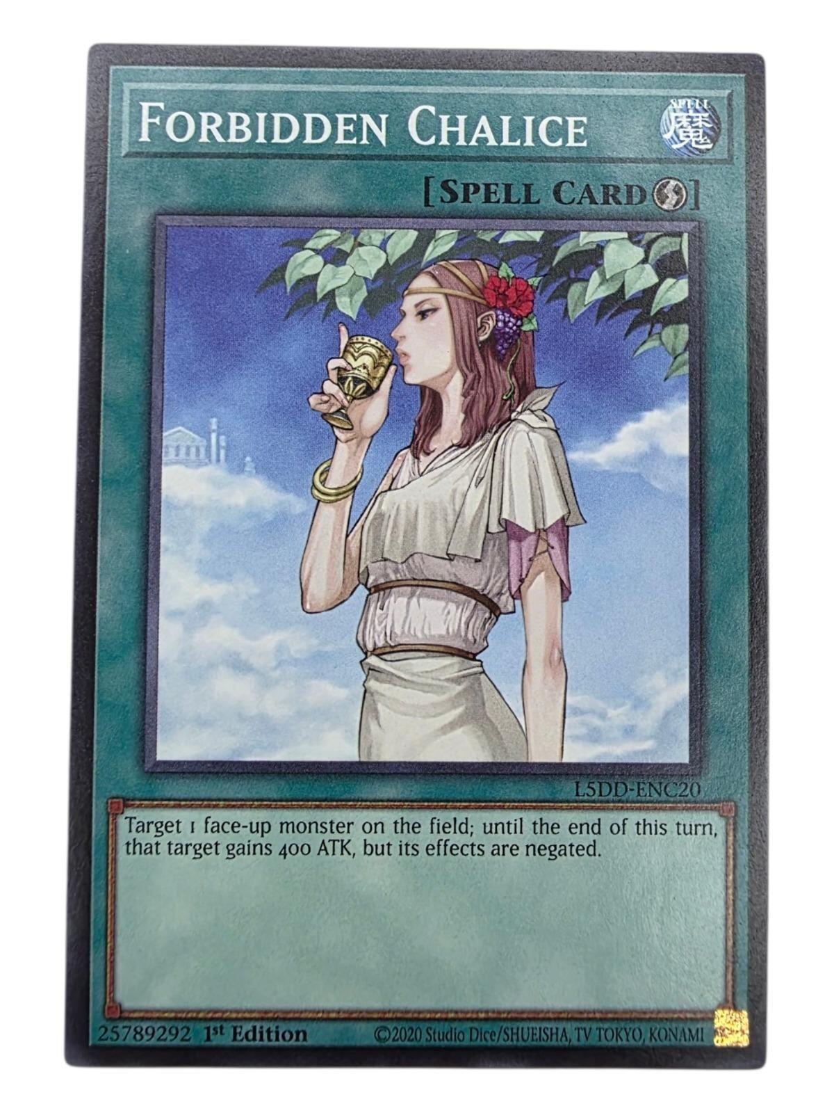 Forbidden Chalice Yu-Gi-Oh! spell card featuring artwork of a woman drinking from a chalice.