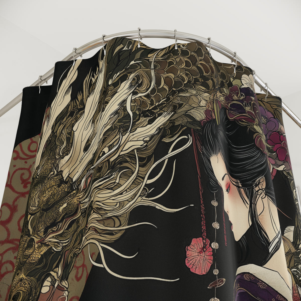 Soul Link Elevated Existence shower curtain featuring a Japanese art-style dragon and geisha illustration.