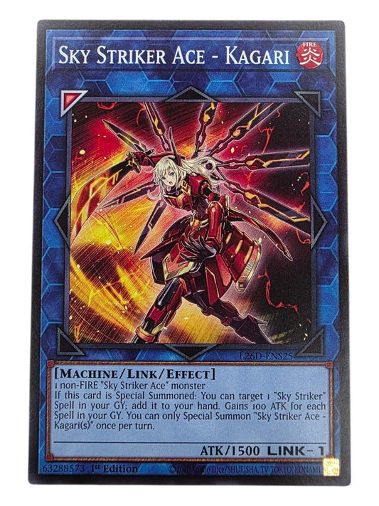 Sky Striker Ace - Kagari Yu-Gi-Oh! card showing a red-armored female warrior with mechanical wings.