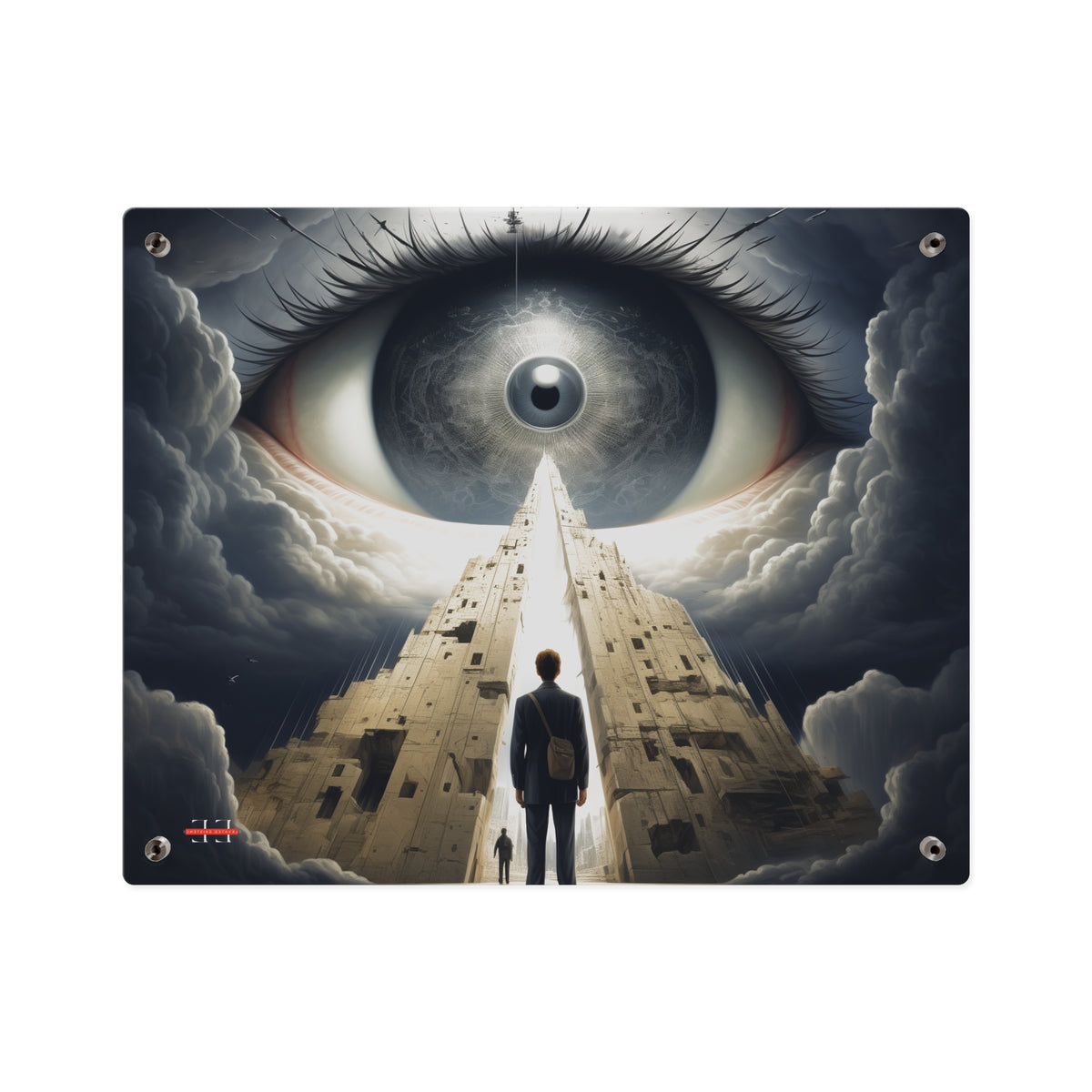 Acrylic art print of a person standing before a massive stone tower under a giant eye in the clouds.