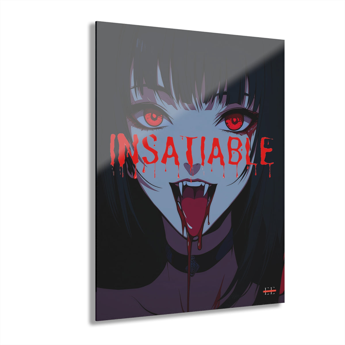 Angled view of the "INSATIABLE" glossy acrylic wall art featuring an anime girl with red eyes and fangs.