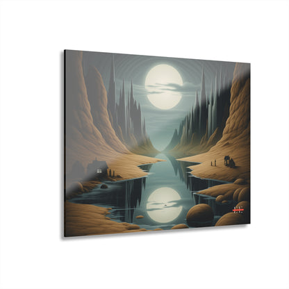 Angled view of an acrylic wall art depicting a surreal canyon landscape with a glowing moon and a river.