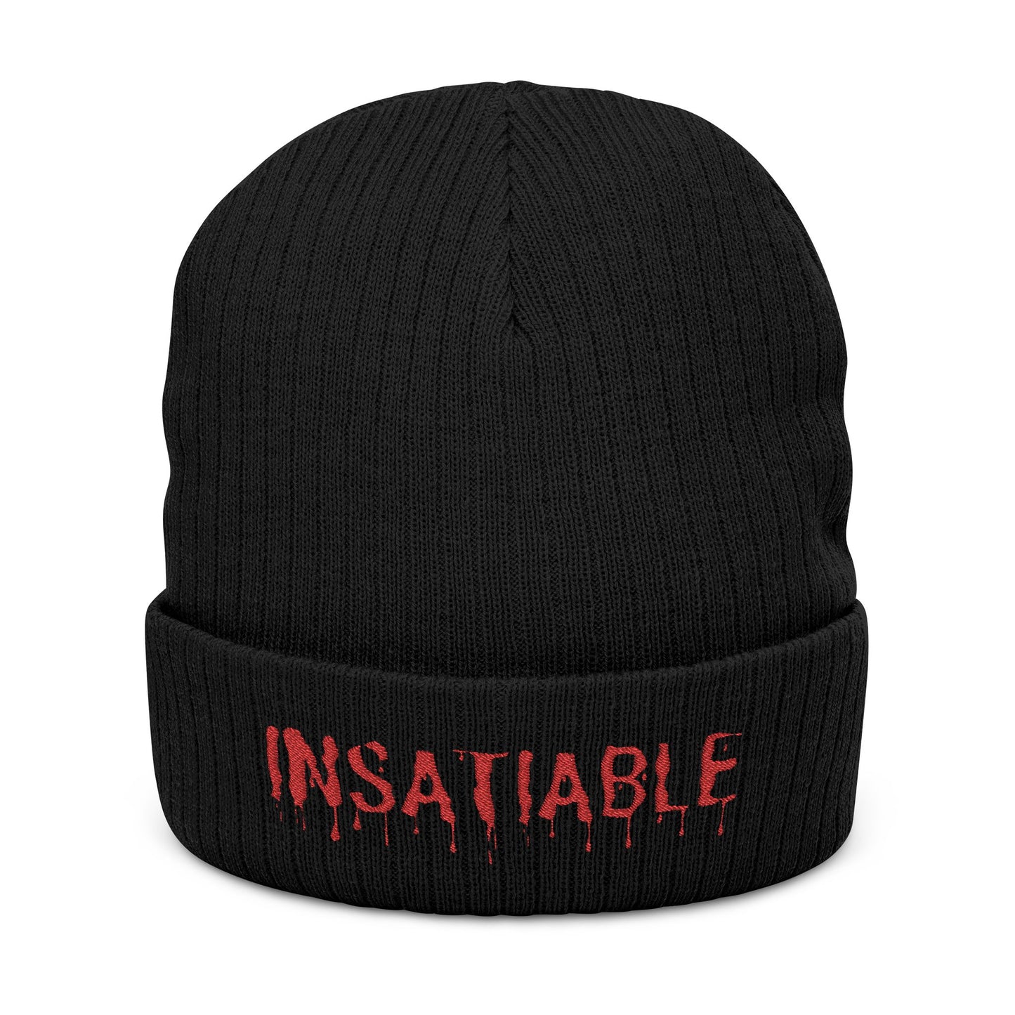 Black ribbed knit beanie with red embroidered "INSATIABLE" text featuring a dripping design.