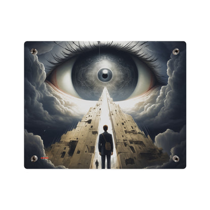 "Babylon 2035" acrylic wall art featuring a giant eye, towering ruins, and a figure in a suit.