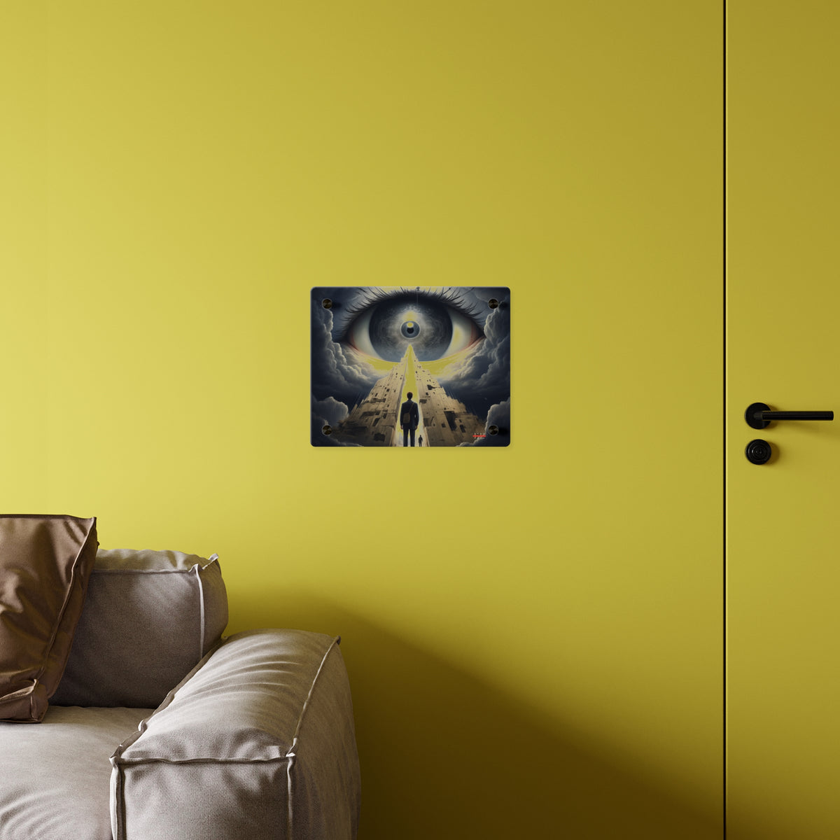 Acrylic print of "Babylon 2035" featuring a giant eye and figures on a path, mounted on a yellow wall.
