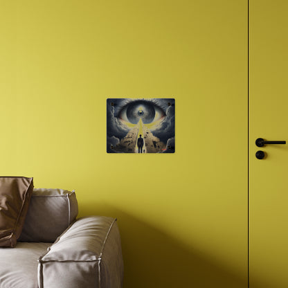 Acrylic print of "Babylon 2035" featuring a giant eye and figures on a path, mounted on a yellow wall.
