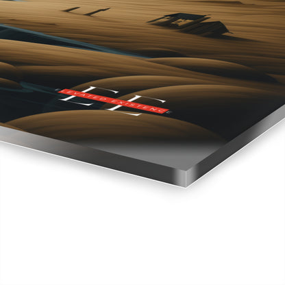 Angled view of an acrylic home decor piece featuring a surreal desert landscape with sand dunes and ruins.
