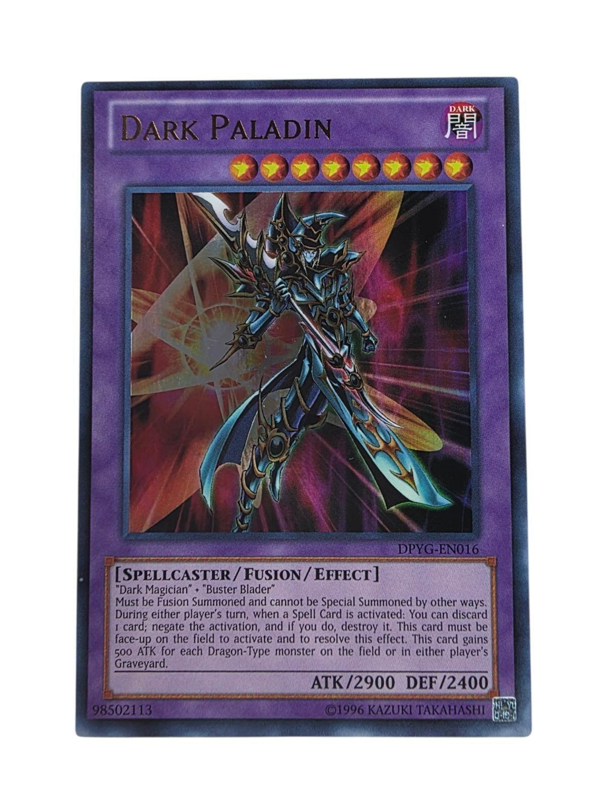 Dark Paladin Yu-Gi-Oh! trading card in purple, featuring the armored character holding a sword.
