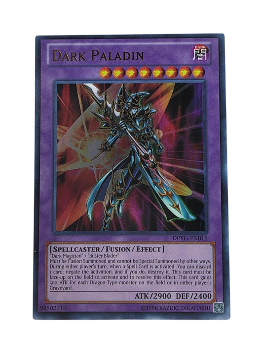 Dark Paladin Yu-Gi-Oh! trading card in purple, featuring the armored character holding a sword.