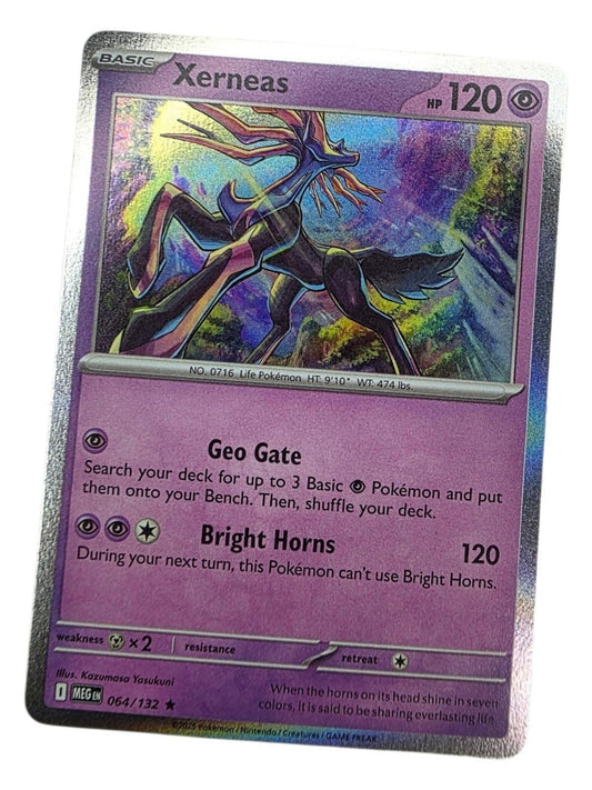 Xerneas Holo Rare trading card featuring a shiny illustration with attacks Geo Gate and Bright Horns.