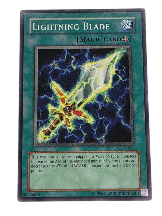 Lightning Blade Yu-Gi-Oh! Magic Card, featuring artwork of a sword surrounded by yellow lightning on a green background.