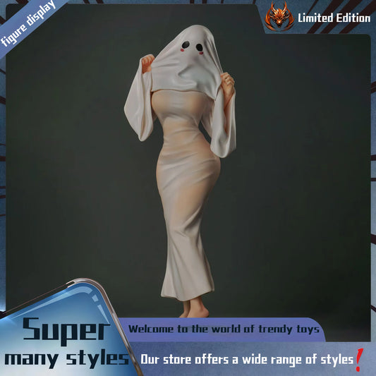 A figurine of a woman wearing a white sheet with two black eye holes and pink cheeks over her head.