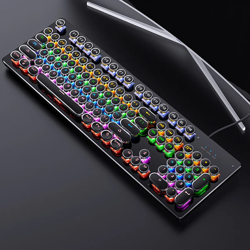 A black mechanical gaming keyboard with round keys and vibrant RGB backlighting on a dark surface.