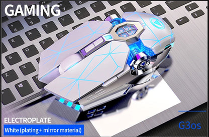 A futuristic white and silver gaming mouse rests on a keyboard, featuring glowing blue LED lines and mechanical details.