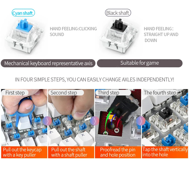 Cyan and black mechanical keyboard switches, alongside a four-step guide for replacing keycaps and switches.