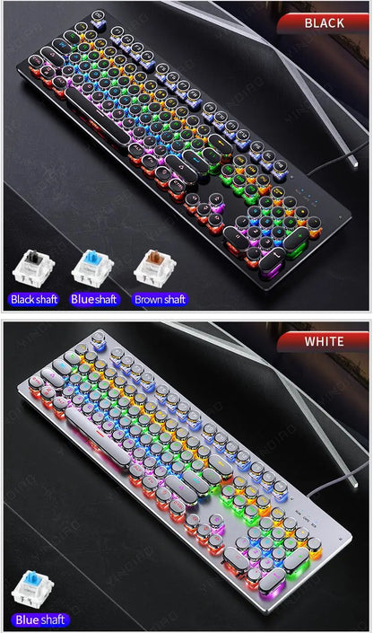Two RGB backlit mechanical keyboards with round retro keys, in black and silver-white, with switch options.