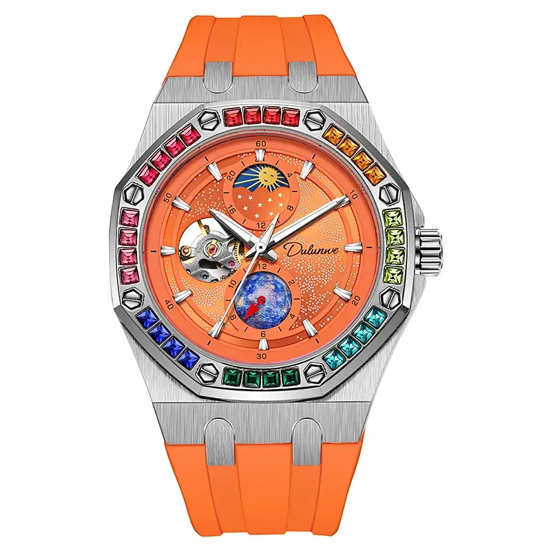 DULUNWE Top Brand Rhinestone Set Bezel Design New Automatic Steel Mechanical Watch Tourbillon Luminous Waterproof Men's Watch