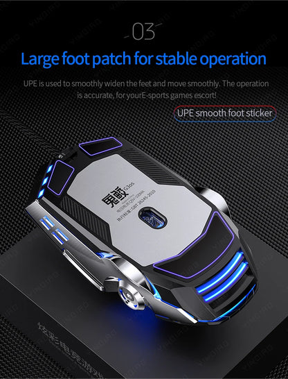Black and silver gaming mouse with blue LED backlighting and futuristic design.