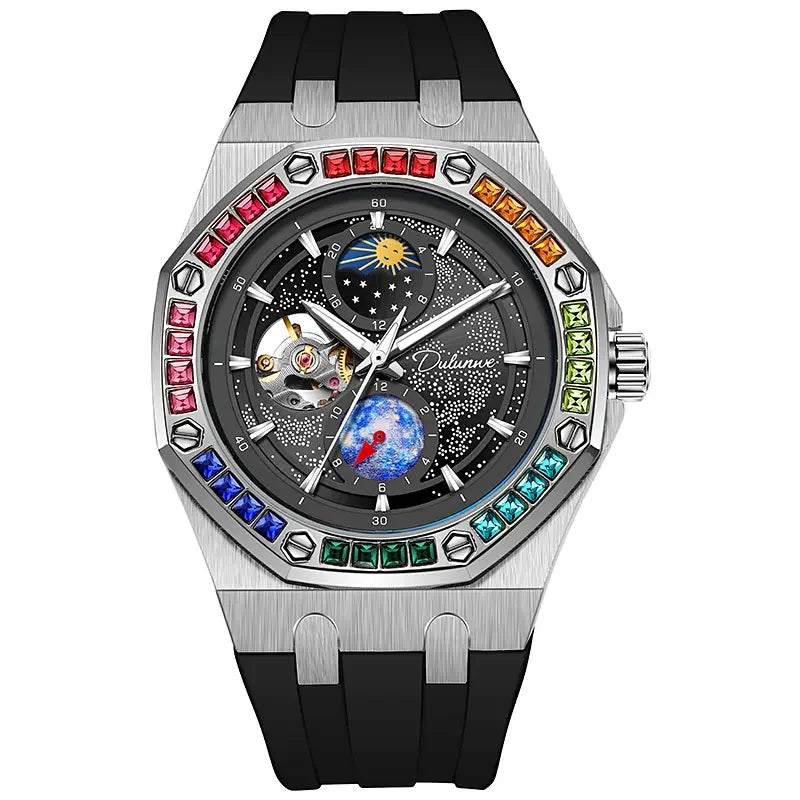 DULUNWE Top Brand Rhinestone Set Bezel Design New Automatic Steel Mechanical Watch Tourbillon Luminous Waterproof Men's Watch
