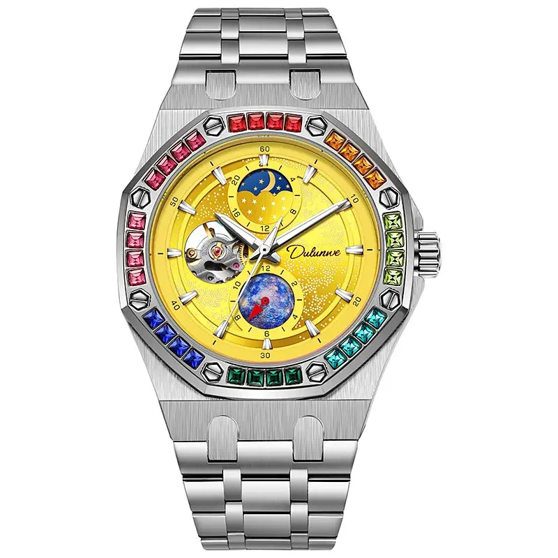 DULUNWE Top Brand Rhinestone Set Bezel Design New Automatic Steel Mechanical Watch Tourbillon Luminous Waterproof Men's Watch