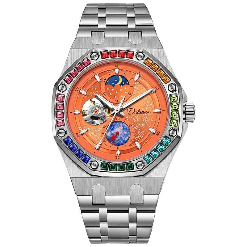 DULUNWE Top Brand Rhinestone Set Bezel Design New Automatic Steel Mechanical Watch Tourbillon Luminous Waterproof Men's Watch