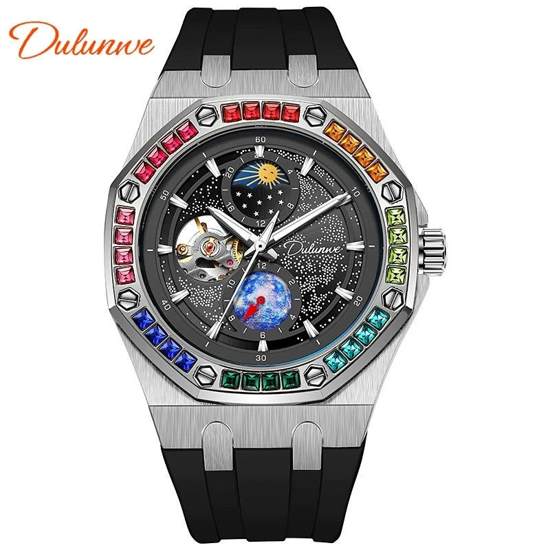 DULUNWE Top Brand Rhinestone Set Bezel Design New Automatic Steel Mechanical Watch Tourbillon Luminous Waterproof Men's Watch
