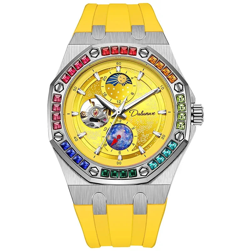DULUNWE Top Brand Rhinestone Set Bezel Design New Automatic Steel Mechanical Watch Tourbillon Luminous Waterproof Men's Watch