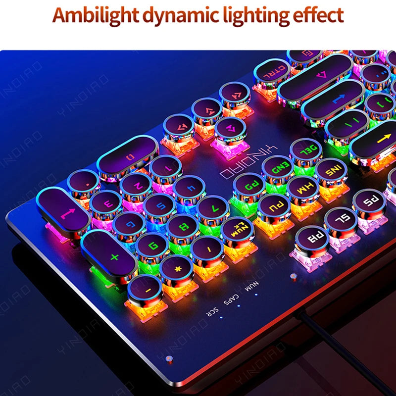 Retro mechanical keyboard with round, typewriter-style keys, vibrant RGB backlighting, and silver trim.