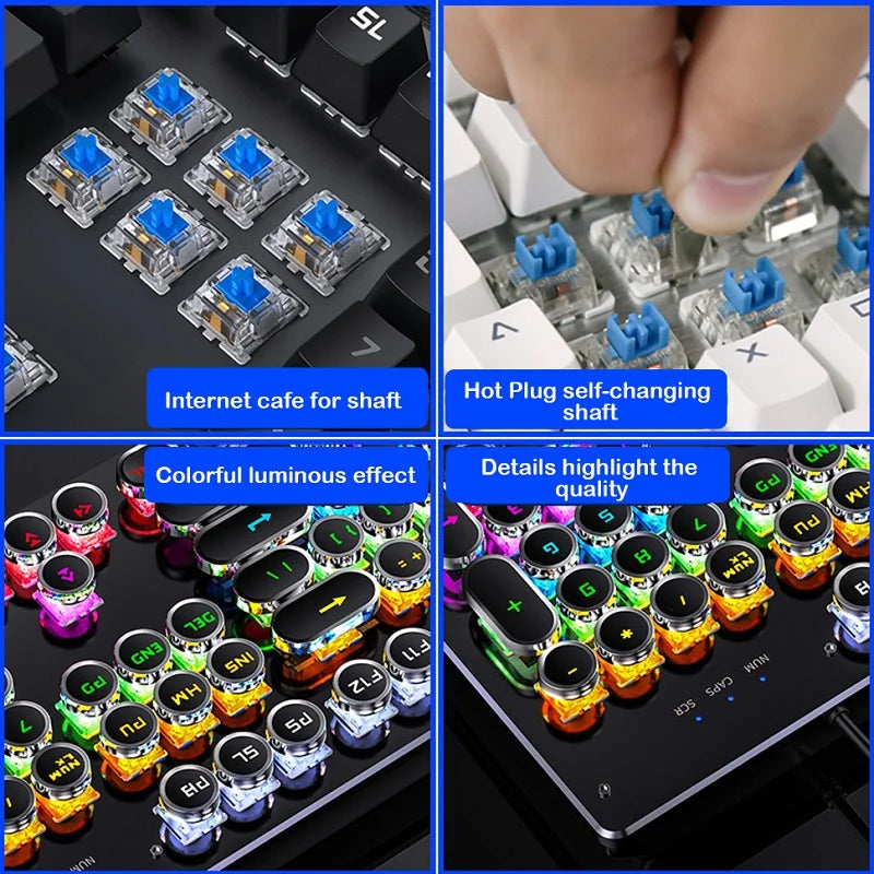 Four-panel keyboard feature guide highlighting blue switches, hot-swappable design, and RGB backlighting.