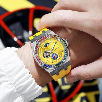 DULUNWE Top Brand Rhinestone Set Bezel Design New Automatic Steel Mechanical Watch Tourbillon Luminous Waterproof Men's Watch