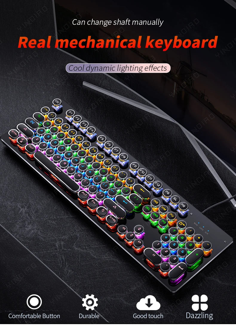 Black mechanical keyboard with round retro keys and vibrant multicolored RGB backlighting.