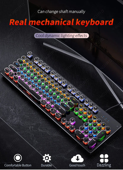 Black mechanical keyboard with round retro keys and vibrant multicolored RGB backlighting.