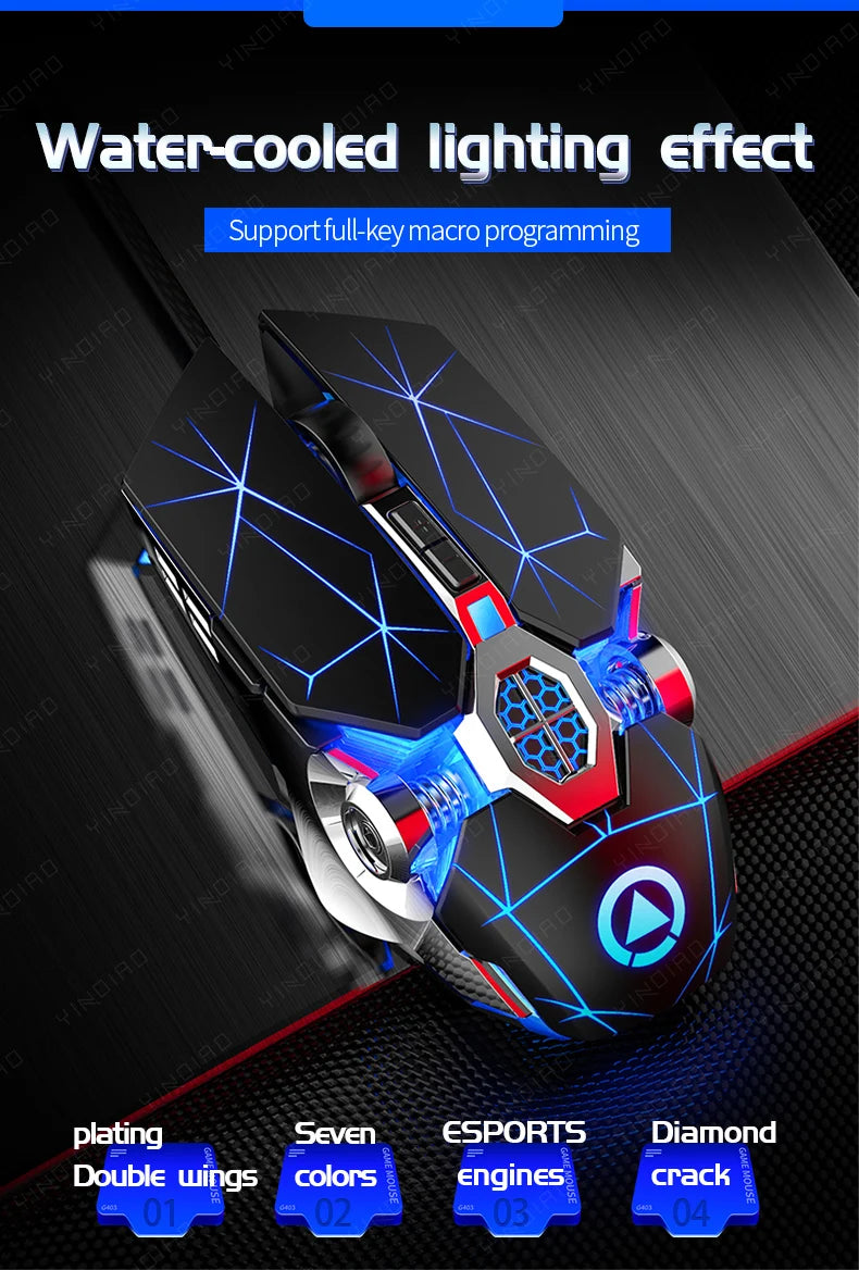 Black wired gaming mouse with blue glowing geometric lines, silver accents, and a circular logo.