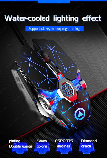 Black wired gaming mouse with blue glowing geometric lines, silver accents, and a circular logo.