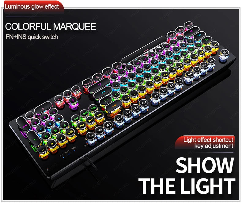 A black mechanical gaming keyboard with round keys, exposed colorful switches, and vibrant RGB backlighting.