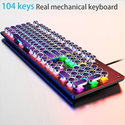 A retro punk mechanical keyboard with round, silver-rimmed keys and vibrant RGB backlighting.
