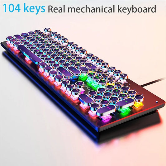 A retro punk mechanical keyboard with round, silver-rimmed keys and vibrant RGB backlighting.