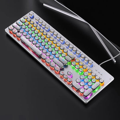 Silver wired mechanical keyboard with round typewriter-style keys, featuring multi-color RGB backlighting.