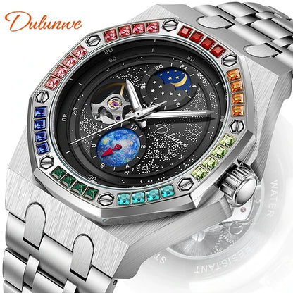 DULUNWE Top Brand Rhinestone Set Bezel Design New Automatic Steel Mechanical Watch Tourbillon Luminous Waterproof Men's Watch