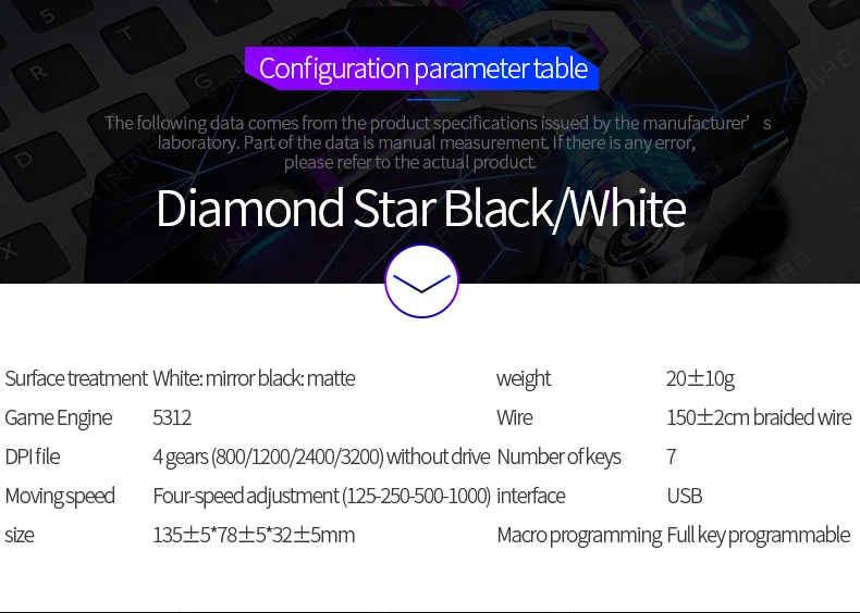 Configuration parameter table for Diamond Star Black/White mouse, listing specs like DPI, keys, and size.