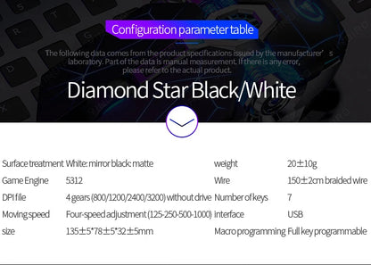Configuration parameter table for Diamond Star Black/White mouse, listing specs like DPI, keys, and size.