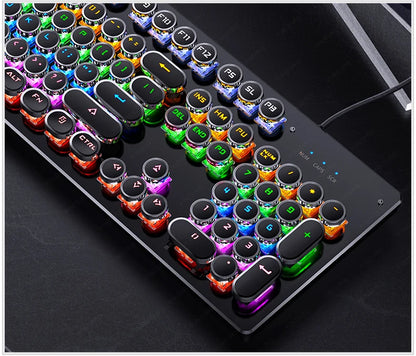 A black mechanical gaming keyboard with round, retro-style keys illuminated by vibrant RGB backlighting.