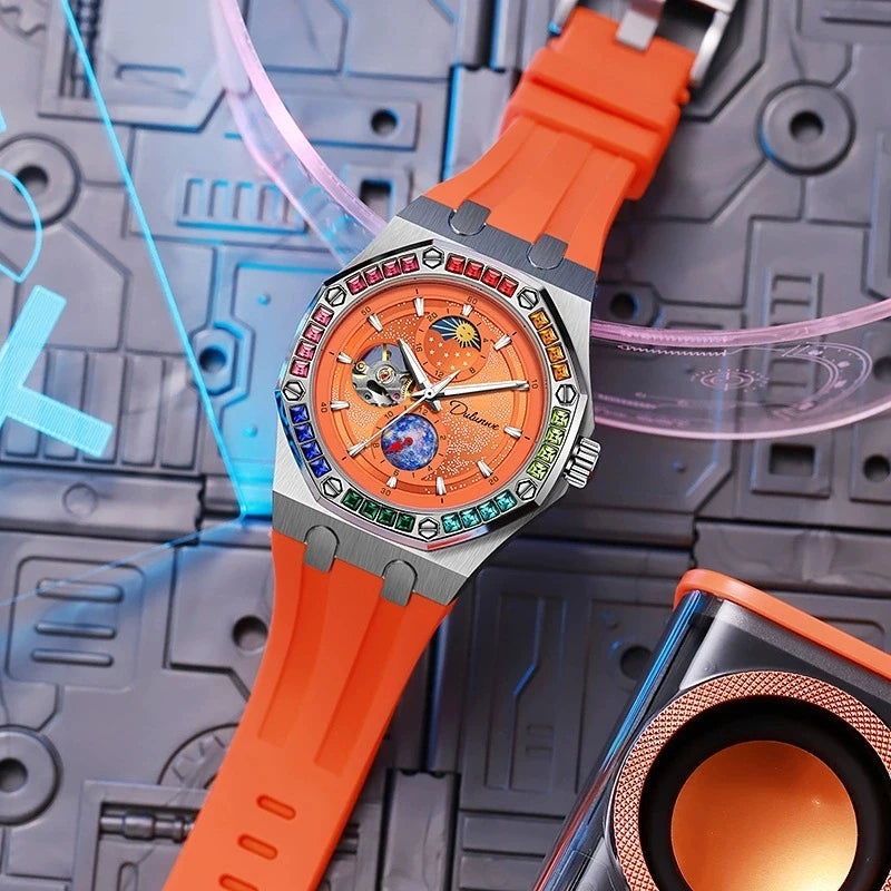 DULUNWE Top Brand Rhinestone Set Bezel Design New Automatic Steel Mechanical Watch Tourbillon Luminous Waterproof Men's Watch