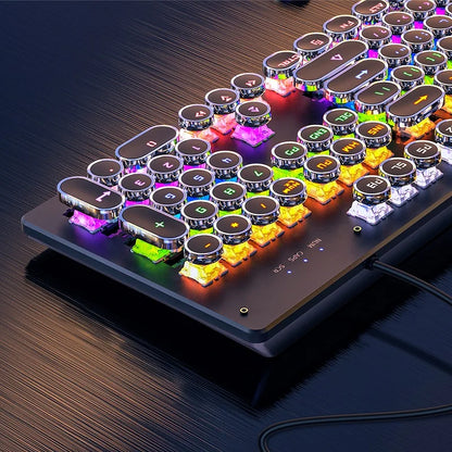 Retro mechanical keyboard with round, chrome-rimmed keys and vibrant RGB backlighting on a dark surface.