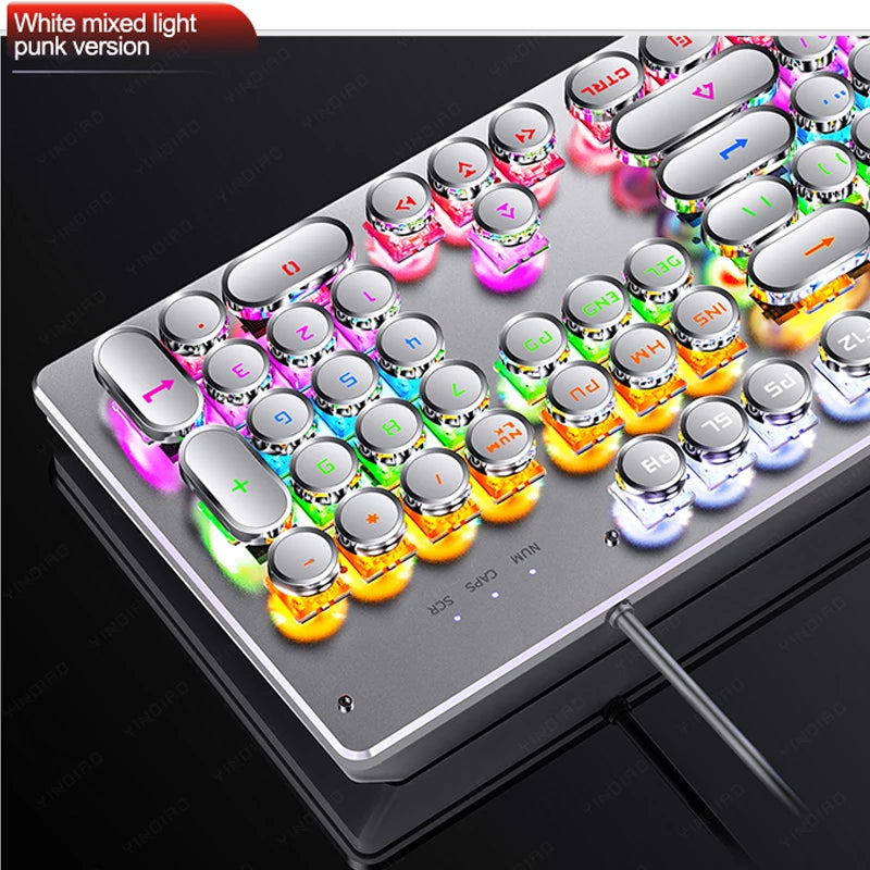 Silver mechanical keyboard with round typewriter keys and vibrant RGB backlighting.